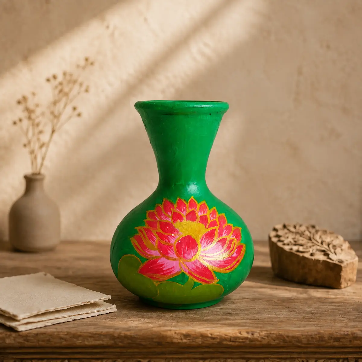 Emerald green terracotta vase with a hand-painted pink lotus